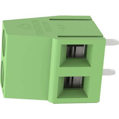 Green two-pin screw terminal connector block with two front wire ports and side mounting holes.