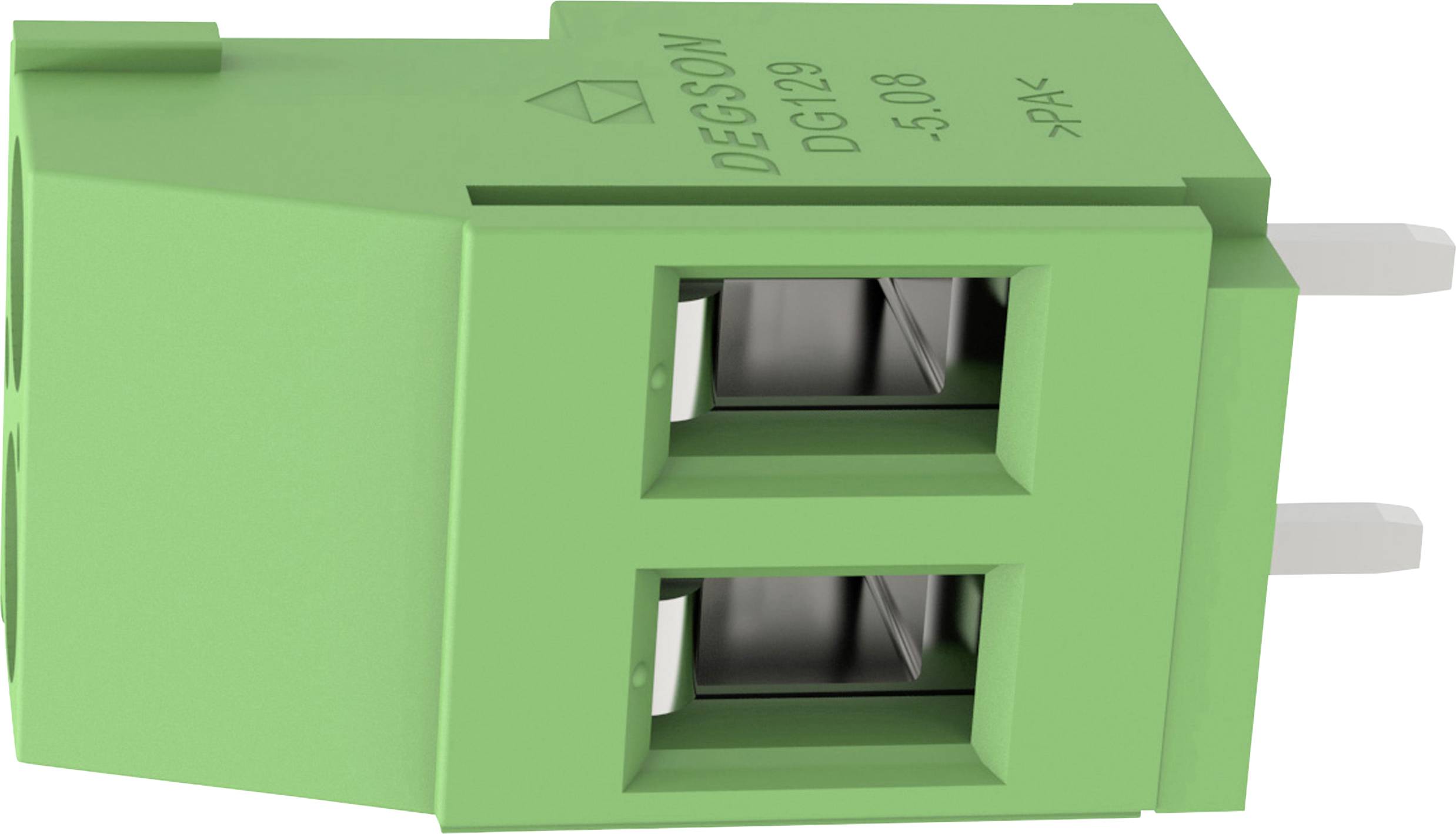 Green two-pin screw terminal block connector with side wire entry and metal contact openings, marked 'DESSO' and '5.08' on top.