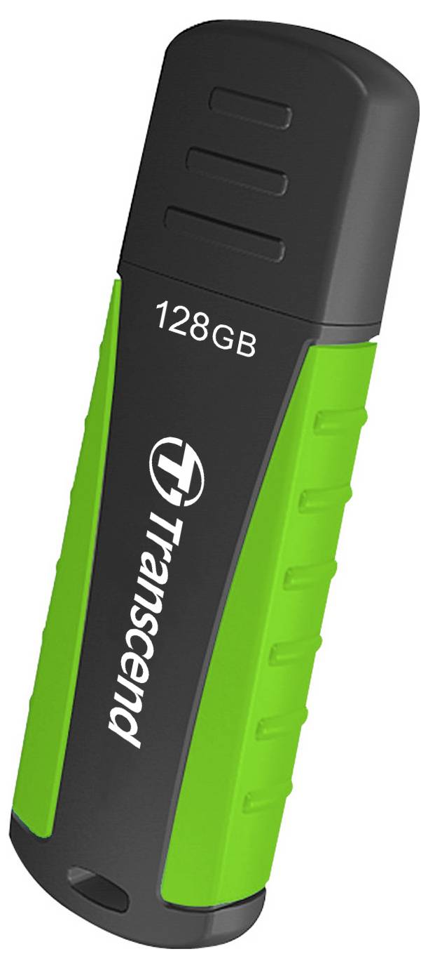 USB stick with a black cap and green casing, with 'Transcend 128GB' printed on it.