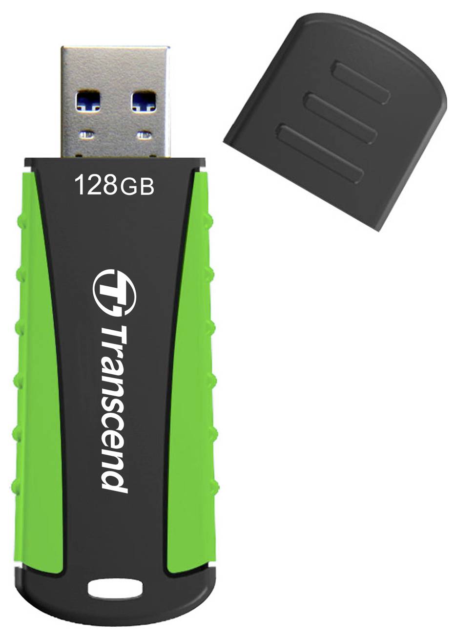 A USB drive with a green and black casing, 128 GB capacity, brand name Transcend, alongside a removed black protective cap.