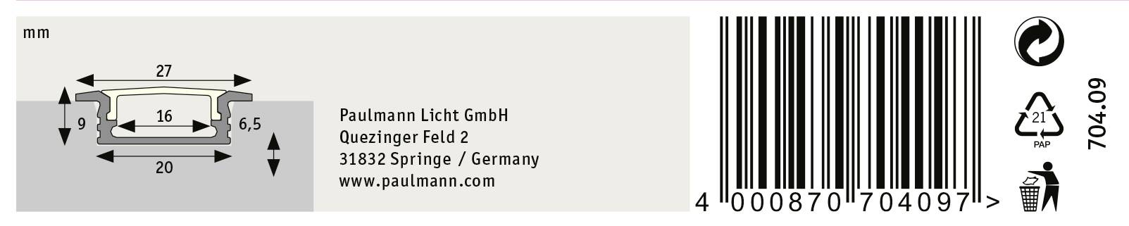 'Technical drawing of a profile with dimensions in millimetres. Manufacturer: Paulmann Licht GmbH, Address: Quezinger Feld 2, 31832 Springe, Germany, www.paulmann.com.'