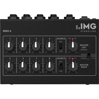 A mixing desk with eight inputs and controls for volume and balance, marked with 'MMX-8' and 'IMG Stageline'. On the left, microphone and line selector switches, on the right a master volume control.