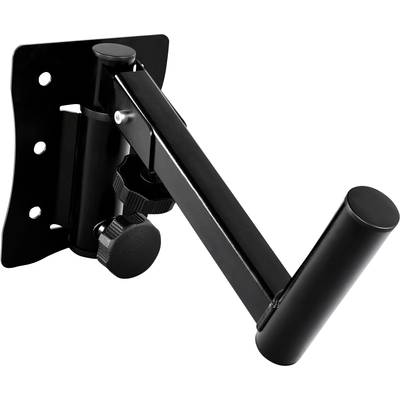A black wall mount with an adjustable arm and multiple mounting holes, suitable for technical devices or screens.