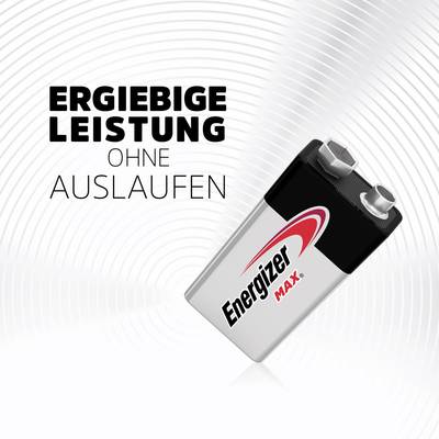 'High-performance without leakage.' An Energizer Max 9V battery against a background of concentric circular lines.