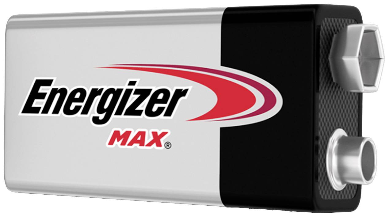 Energizer Max battery, rectangular in shape with a silver and black casing.