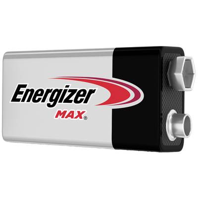 Energizer Max battery, rectangular in shape with a silver and black casing.