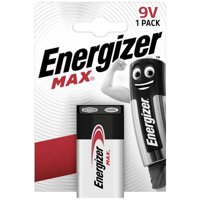 A 9V battery pack featuring the 'Energizer Max' brand on a red and white background. A cartoon battery mascot is raising its arm.