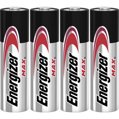 Four AA Energizer Max batteries with a red and white logo against a silver background.