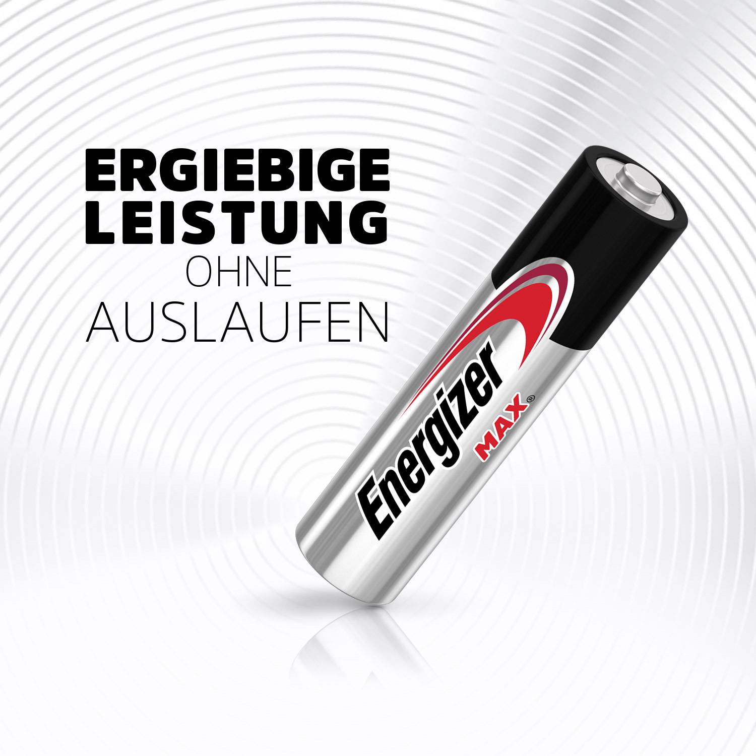 Image of an 'Energizer Max' battery with the inscription 'Long-lasting Performance without Leakage'. The battery is positioned at an angle.