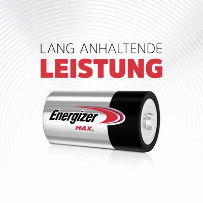 A silver Energizer MAX battery with a black and red logo on a white background. Text above: Long-lasting performance.