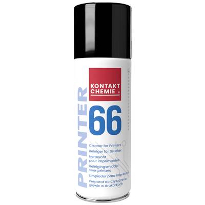 Black spray can with red and blue printing of 'CONTACT CHEMISTRY' and '66'. Contains printer cleaner, text in multiple languages.