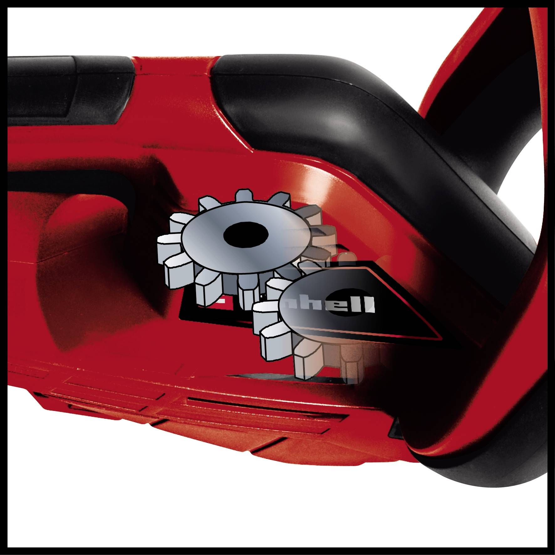 Red hedge trimmer with black handle, detailed view of silver gears near the brand logo on red casing.