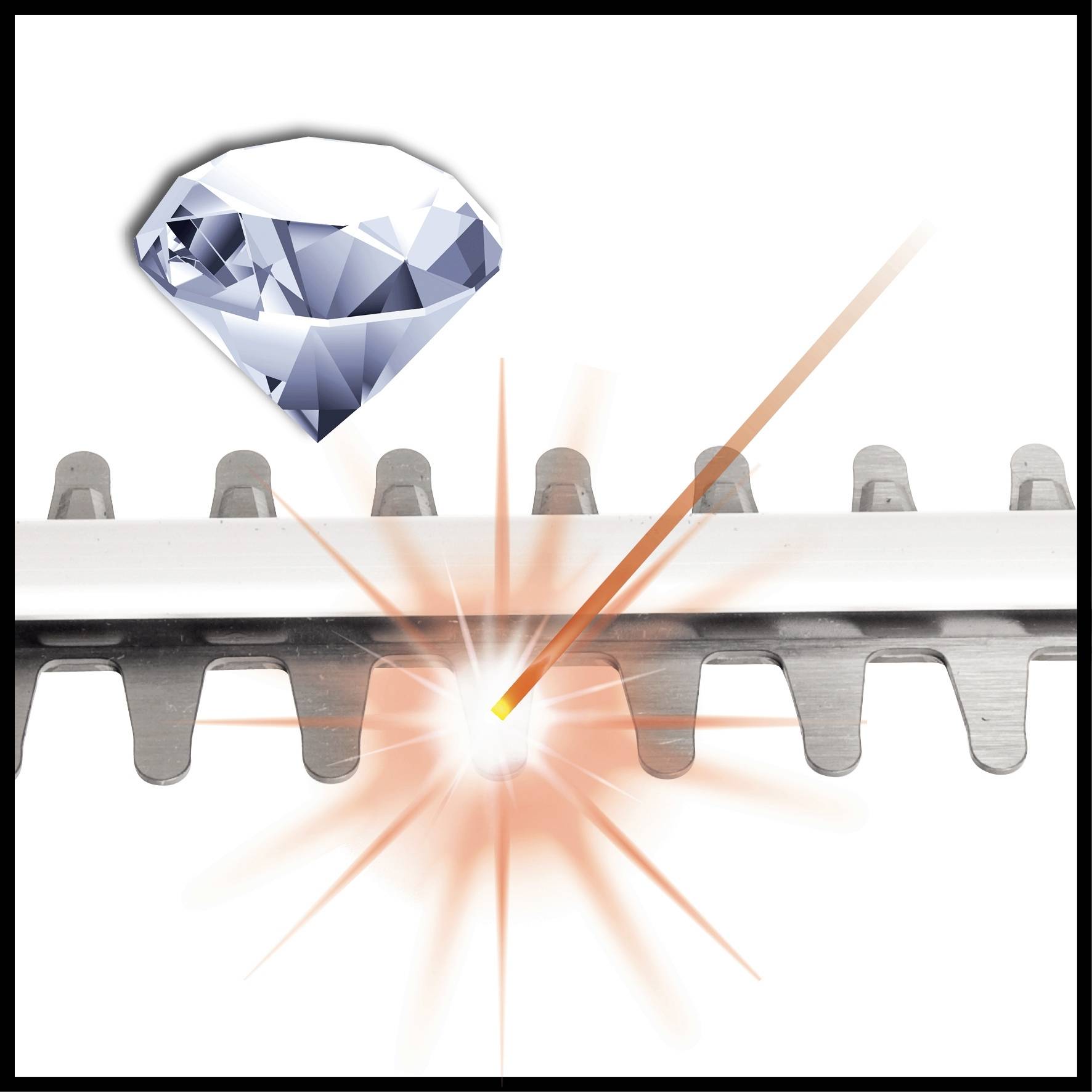 Diamond blade precisely cuts metal with laser support. Image shows a close-up of a blade and a laser beam.