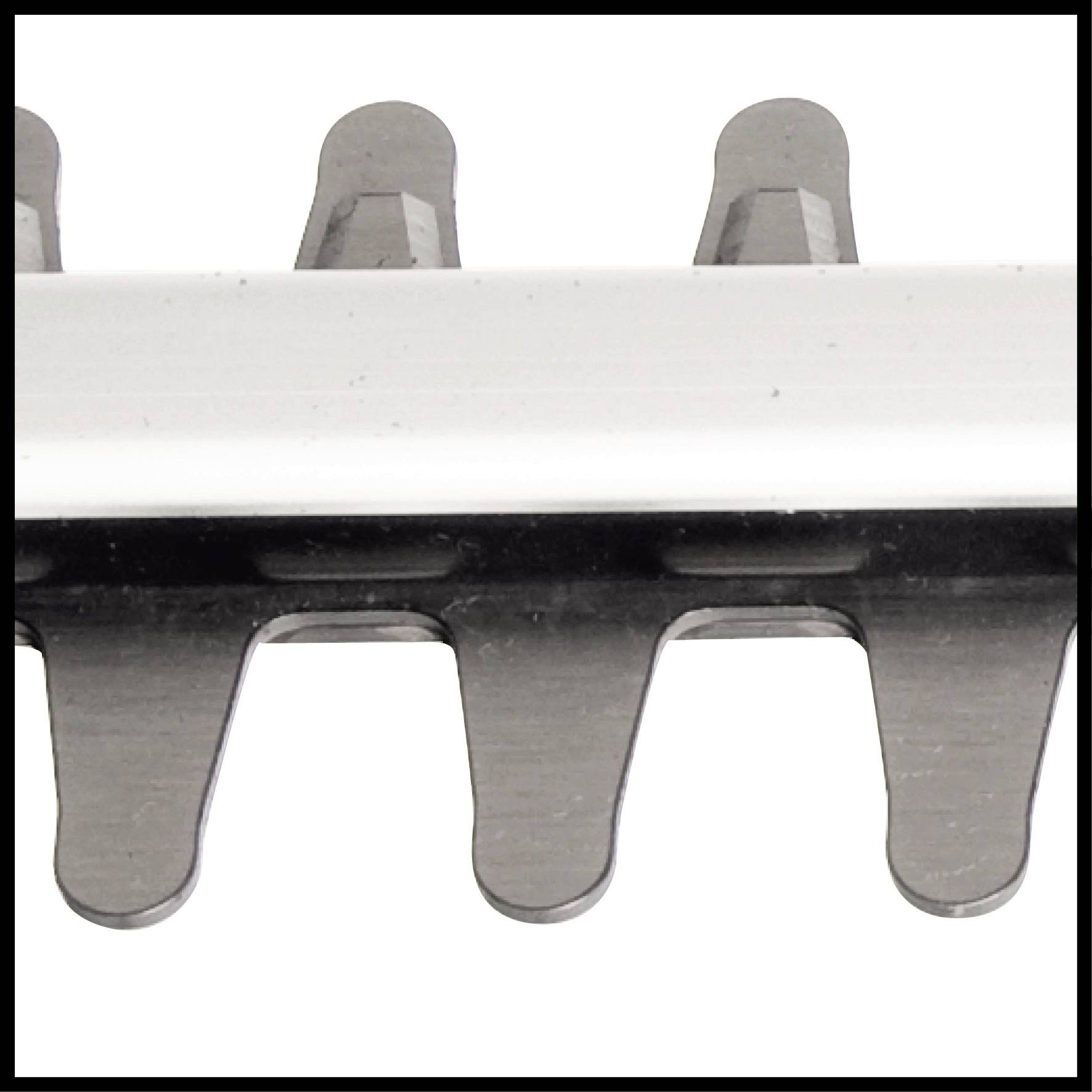 Close-up of a silver hedge trimmer blade with a serrated edge and multiple sharp teeth pointing downwards.