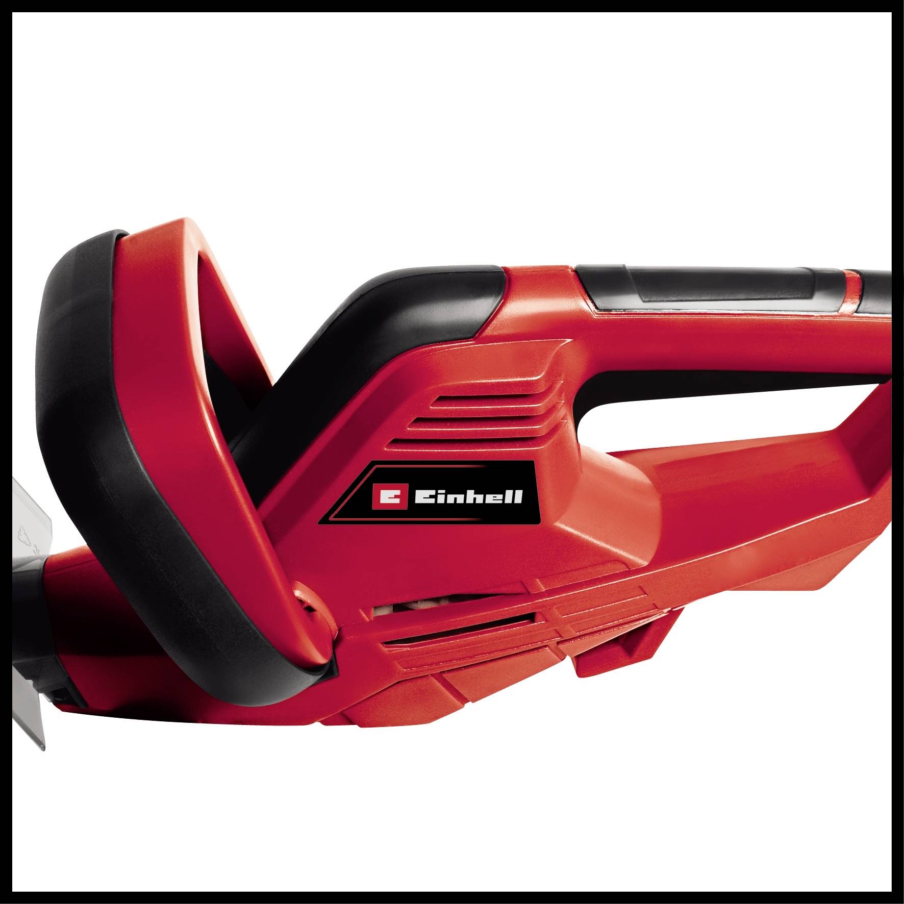 A red, ergonomically designed garden tool with a black handle by Einhell, likely a hedge trimmer or strimmer.