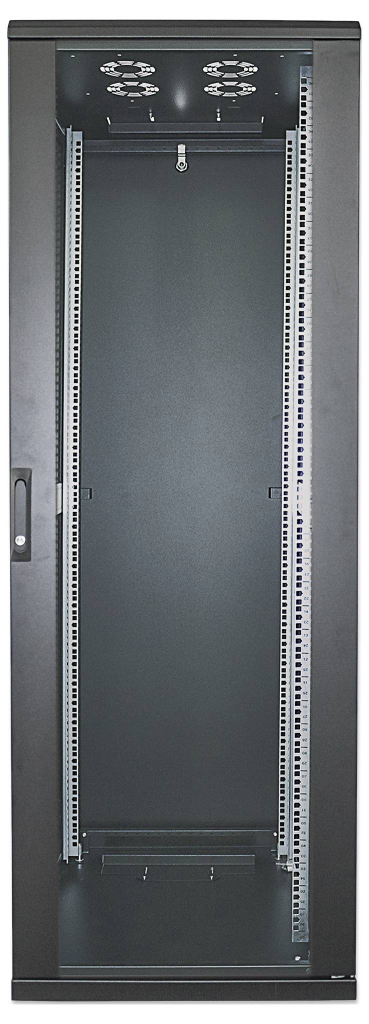 Black server rack enclosure, empty, with side rails and ventilation holes on top, for installing network hardware.
