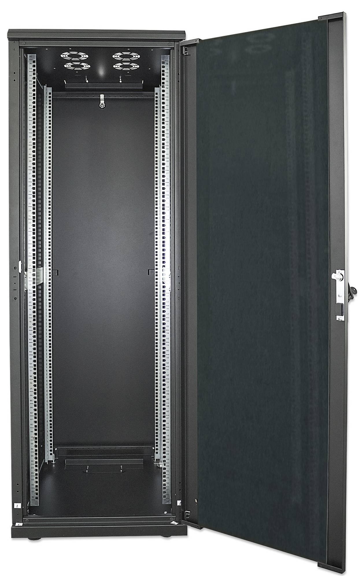 An open, empty server rack cabinet with a black enclosure, showing the inner rails and ventilation holes at the top.