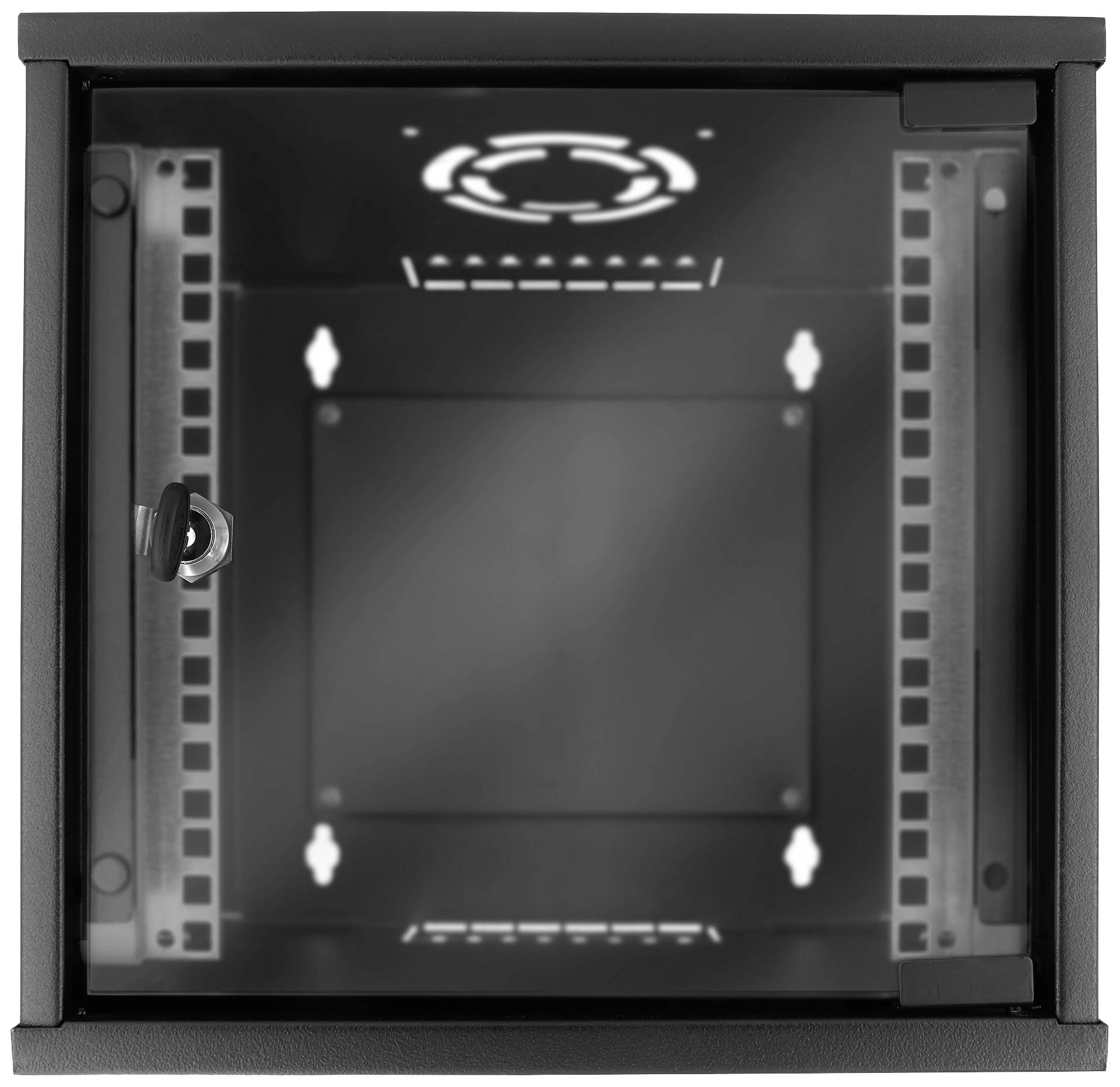 An empty, square electrical cabinet with doors, devoid of visible equipment or cables, viewed from an overhead perspective.