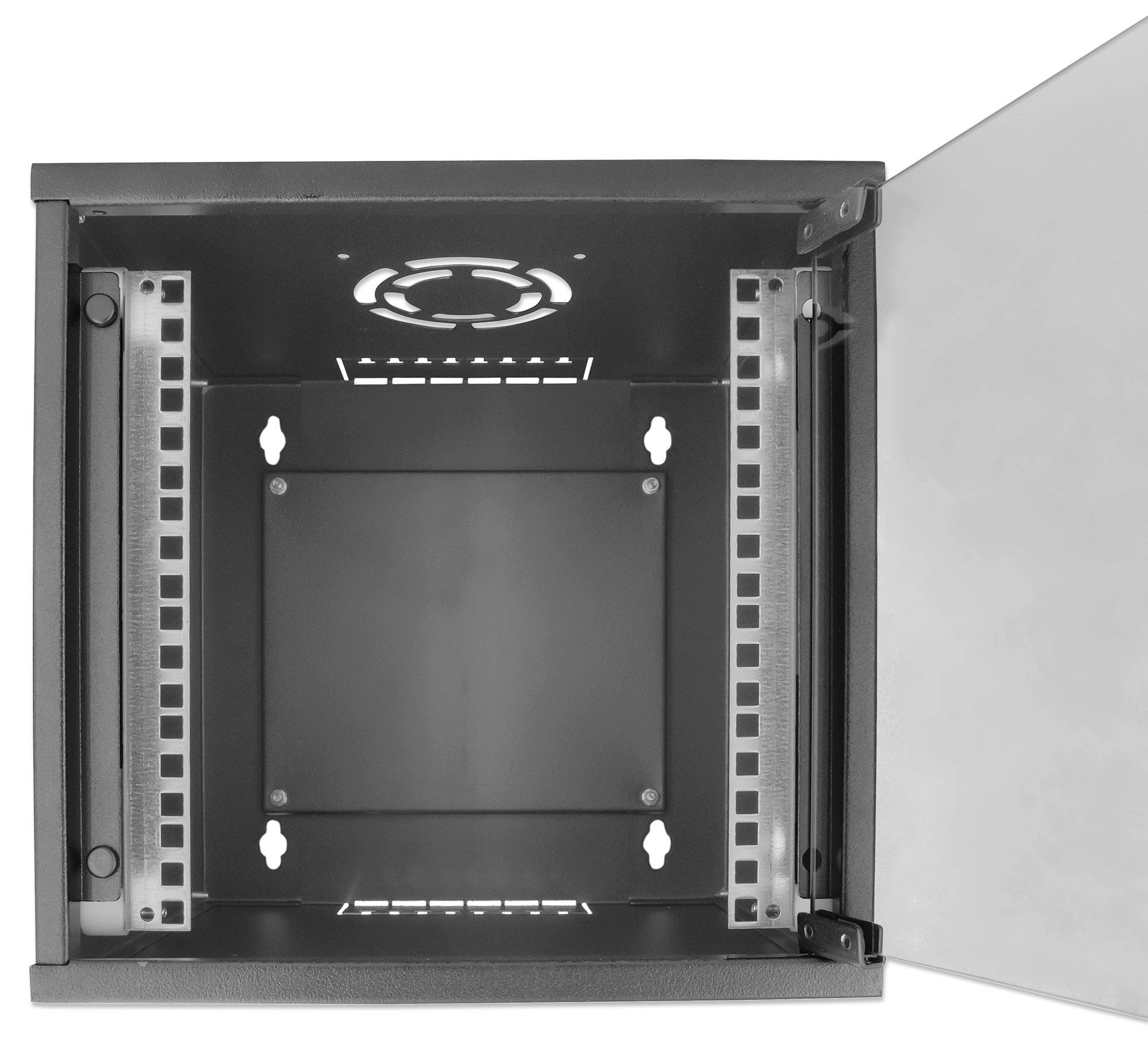 Open black network cabinet with front door, wall-mounted, showing empty interior ready for device installation.