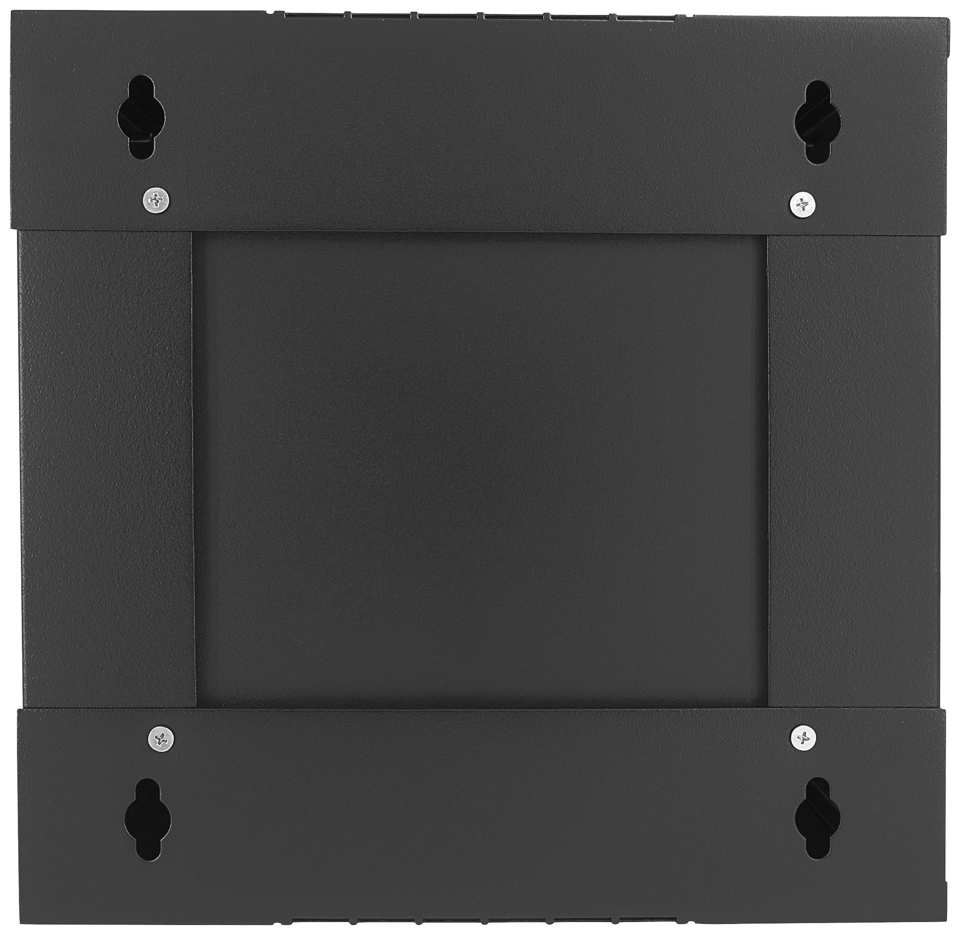 Black square metal plate with holes for wall mounting.