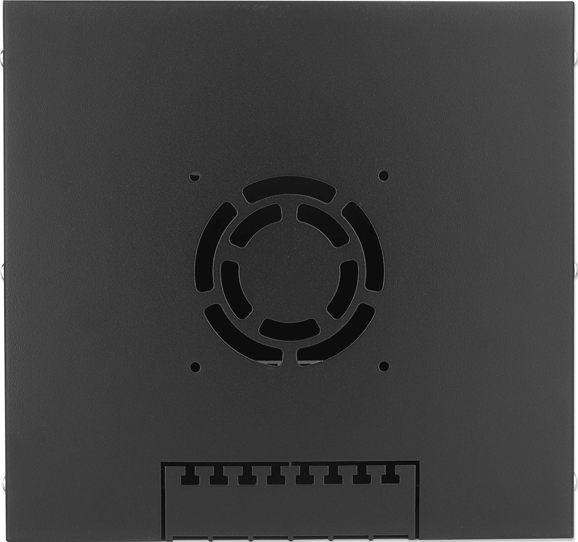 Black square metal plate with a circular ventilation grille in the centre and rectangular cutouts at the bottom edge.