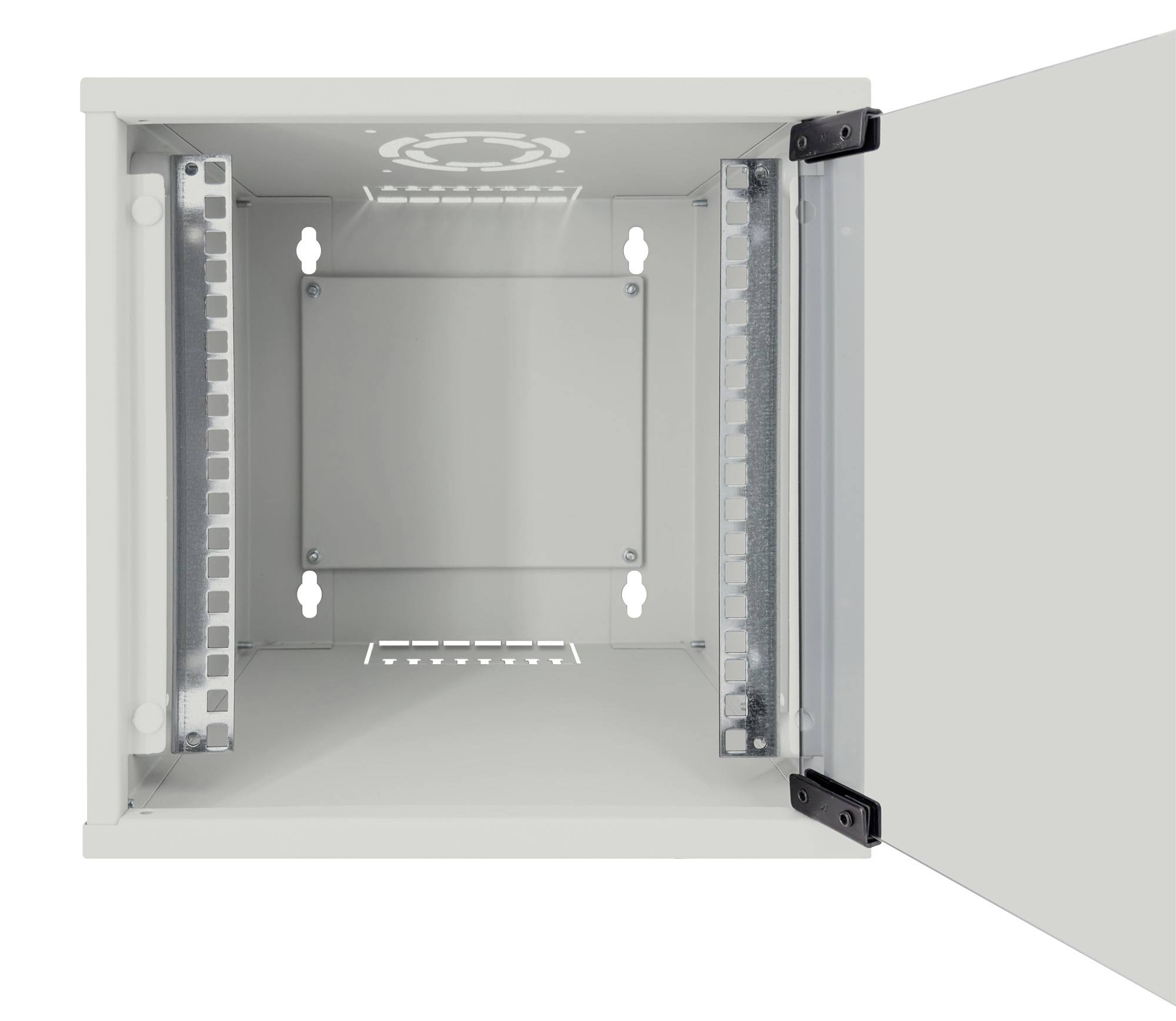 Open wall-mounted cabinet with metal frame and internal fittings, suitable for mounting electronic equipment such as servers or network devices.