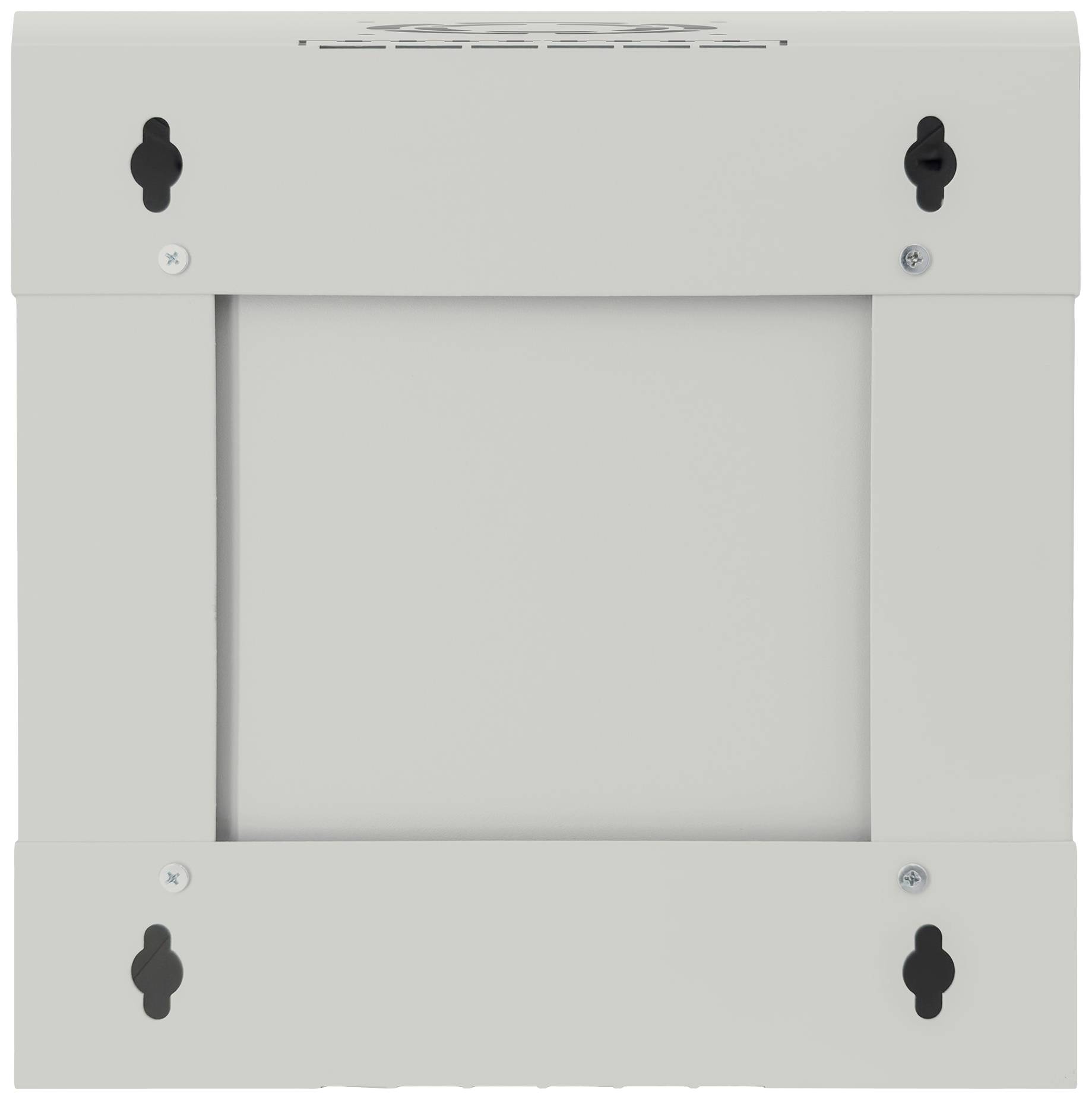 The image shows the rear side of a white, square metal enclosure with four mounting points at the corners.
