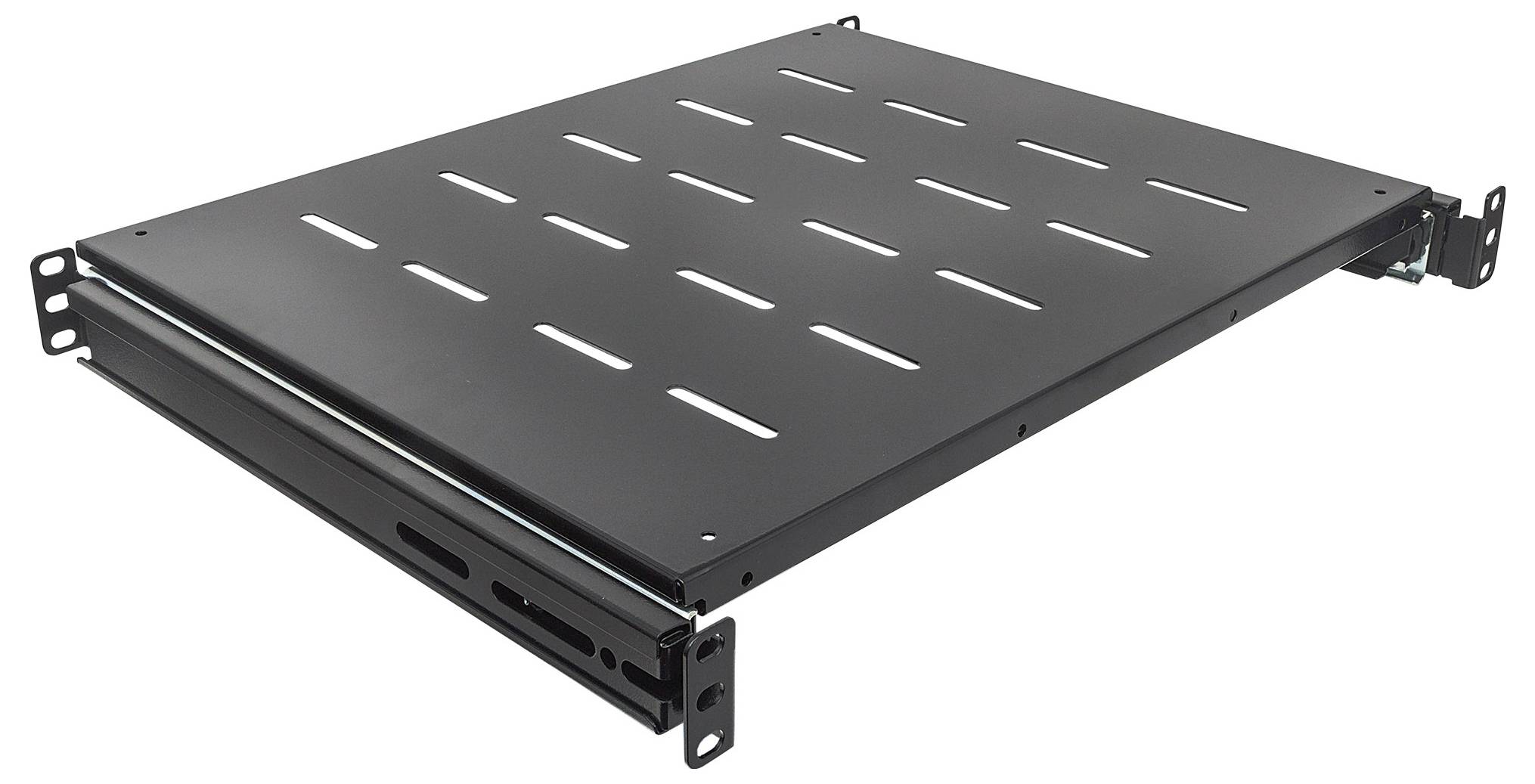 Black metal rack-mount sliding shelf with vent slots and front mounting brackets on a white background.