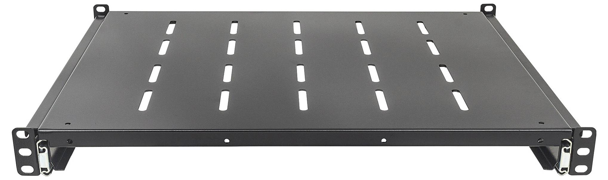 A black 19-inch metal rack shelf with vent slots and mounting ears for server or equipment installation.