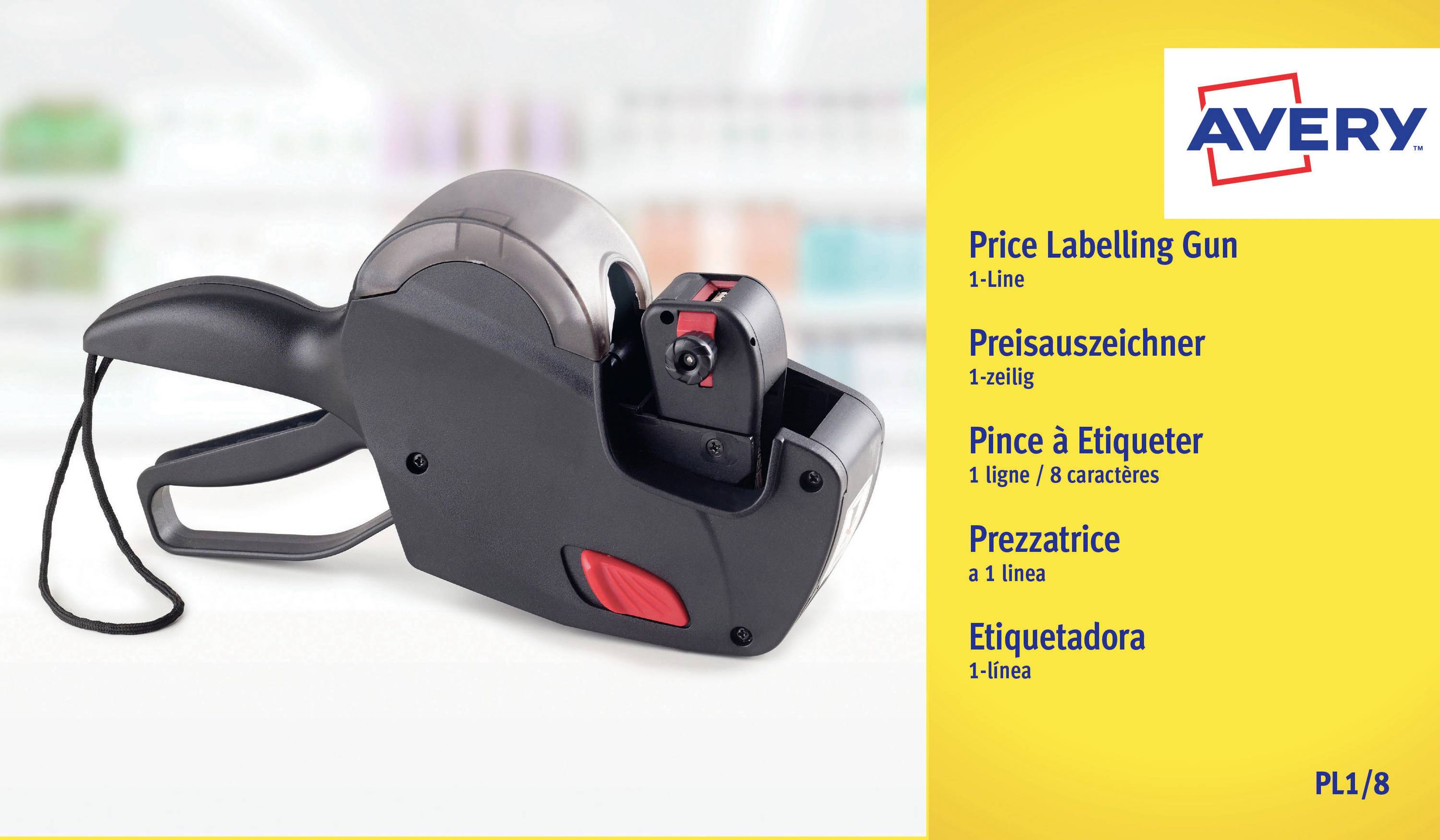 Avery price labelling gun on a white background, shown with multilingual product names and model PL1/8 on the right.