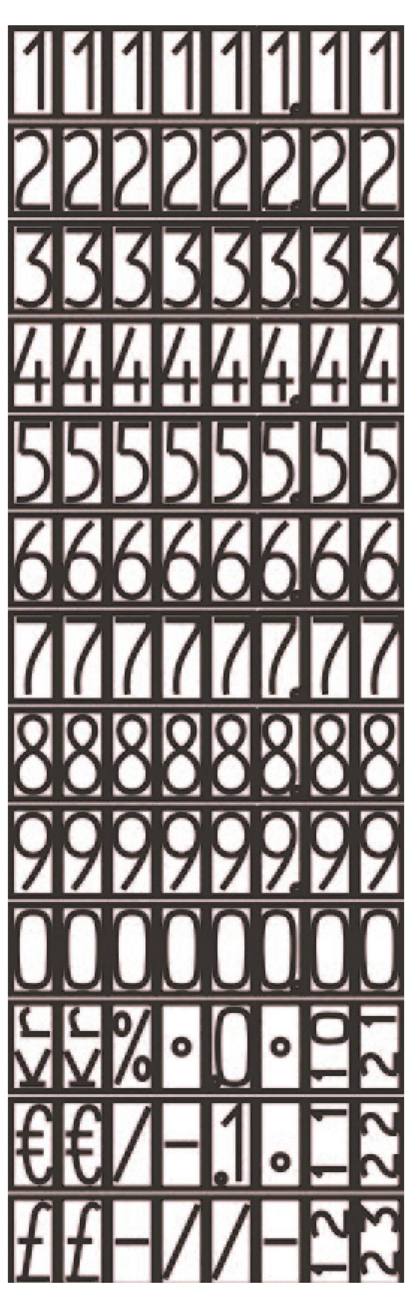 Vertical display board with ten rows for the presentation of numeral forms: 1 to 9 and 0, along with special characters such as $, EUR, £, /, :, ., - and ? in a typeface pattern.