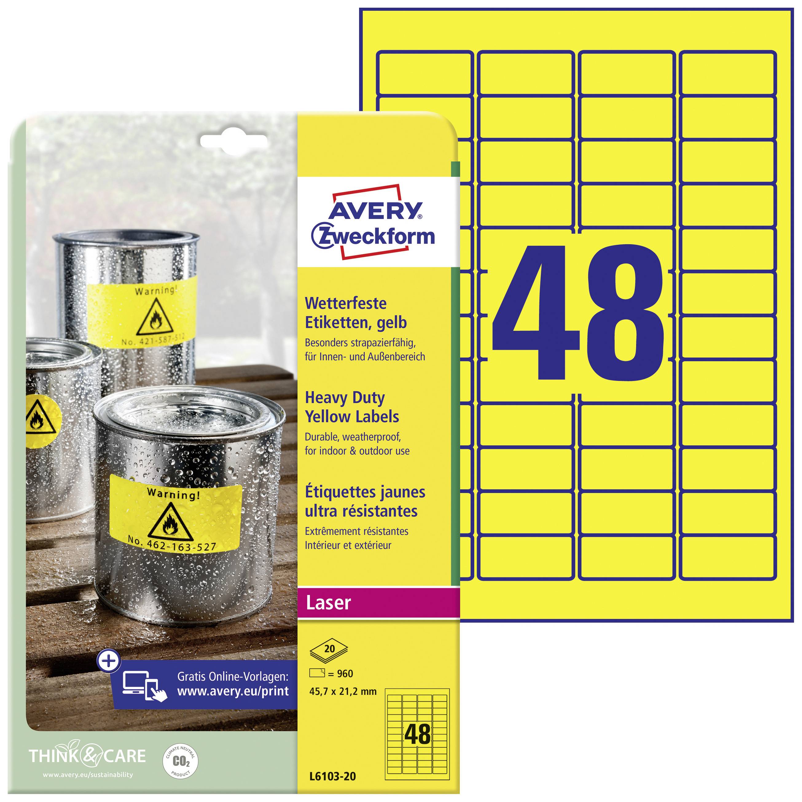 Avery-Zweckform L6103-20 Label film 45.7 x 21.2 mm Polyester film Yellow 960 pc(s) Permanent adhesive Laser, colour, Laser printer, Colour copier, Copier,