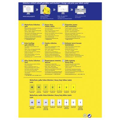 Yellow flyer advertising custom label printing and ordering in multiple languages, with icons, product bullet points, and sample label sizes shown at the bottom.