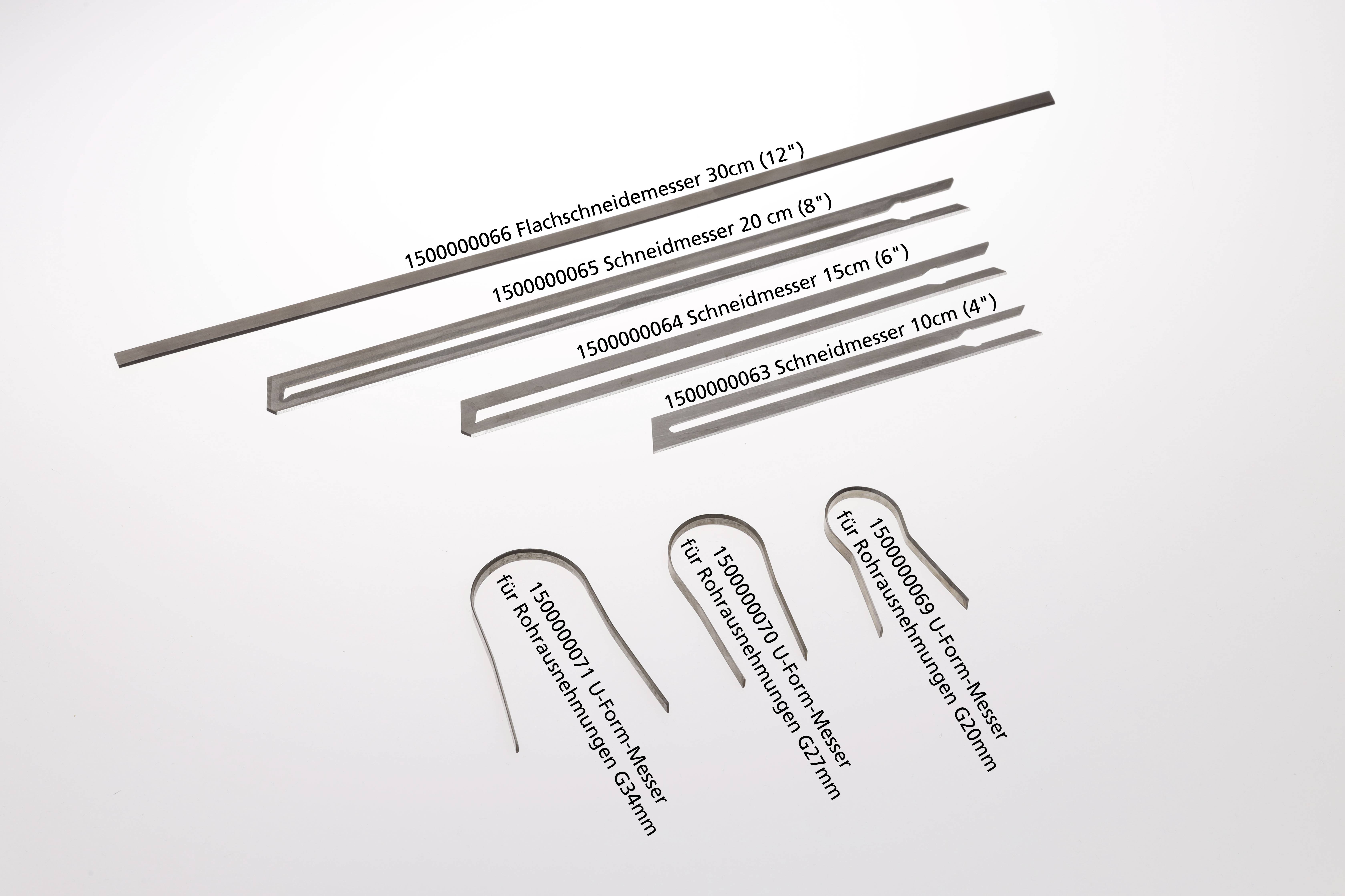 Various cutting knives of different sizes with article numbers, arranged from 4 to 12 inches in length, on a light background.