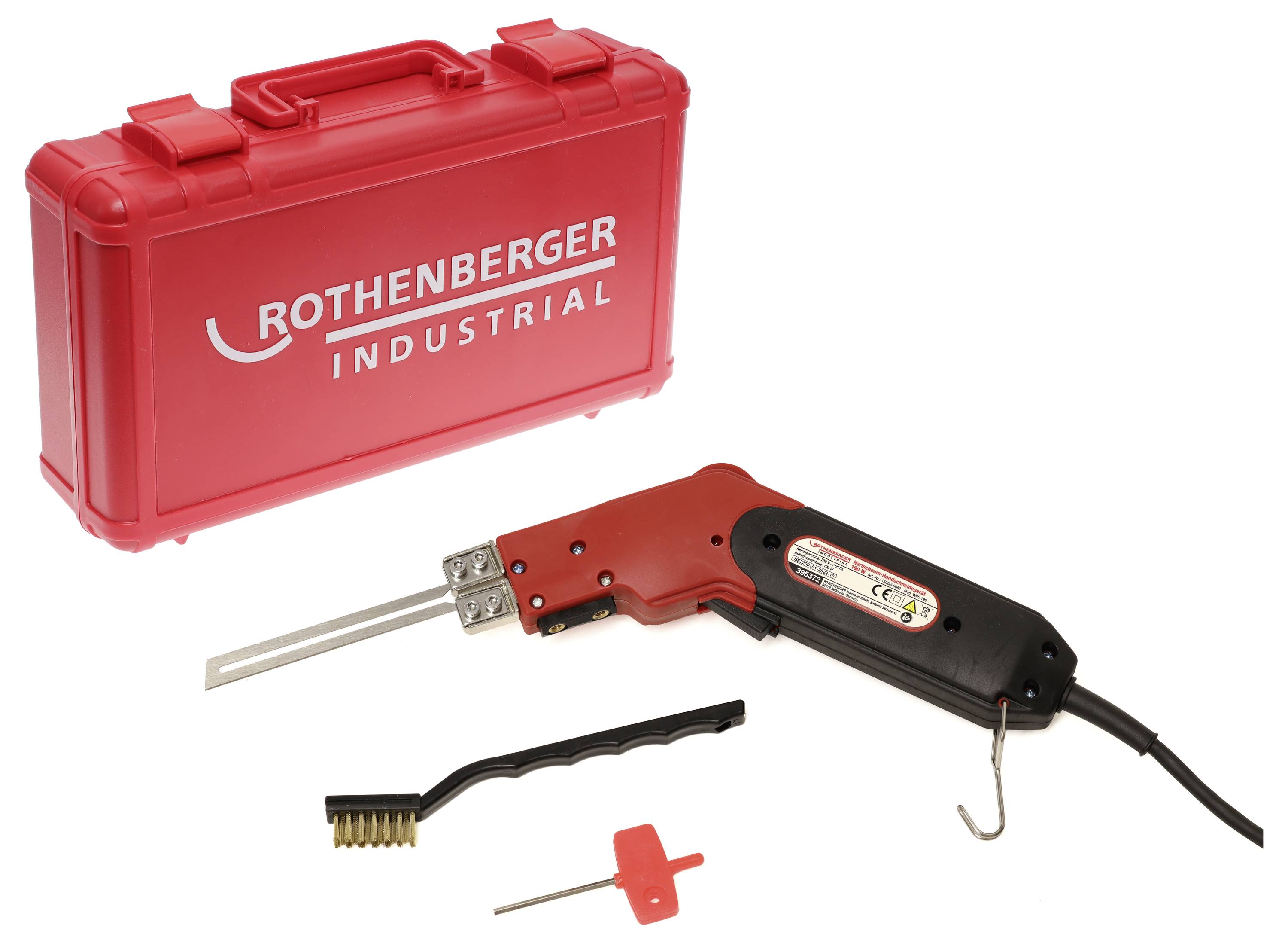Welding machine with a red case from the 'Rothenberger Industrial' brand, a metal brush and a small red tool.
