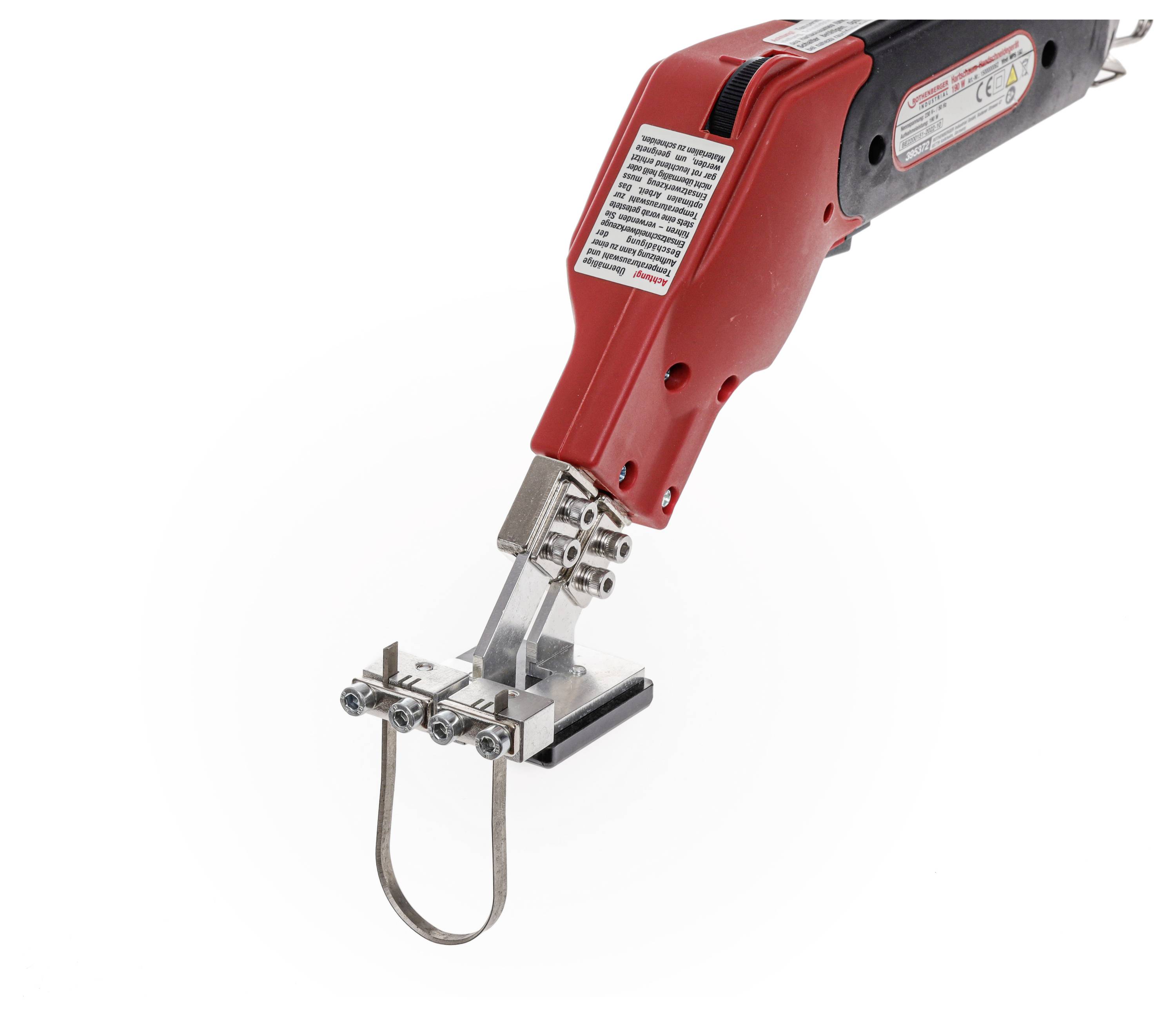 A red cutting tool with a metal loop at the tip, used for precise cutting. Suitable for work in construction or craftsmanship.