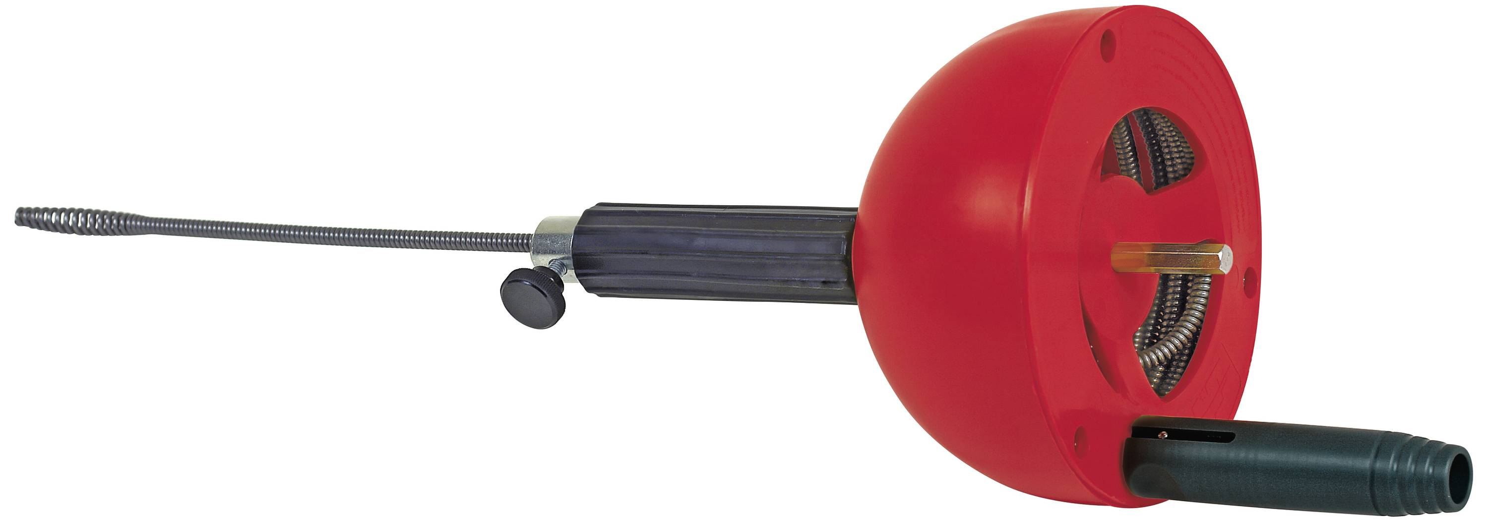 A red drain snake with a crank handle. It is used to clear blocked drains.