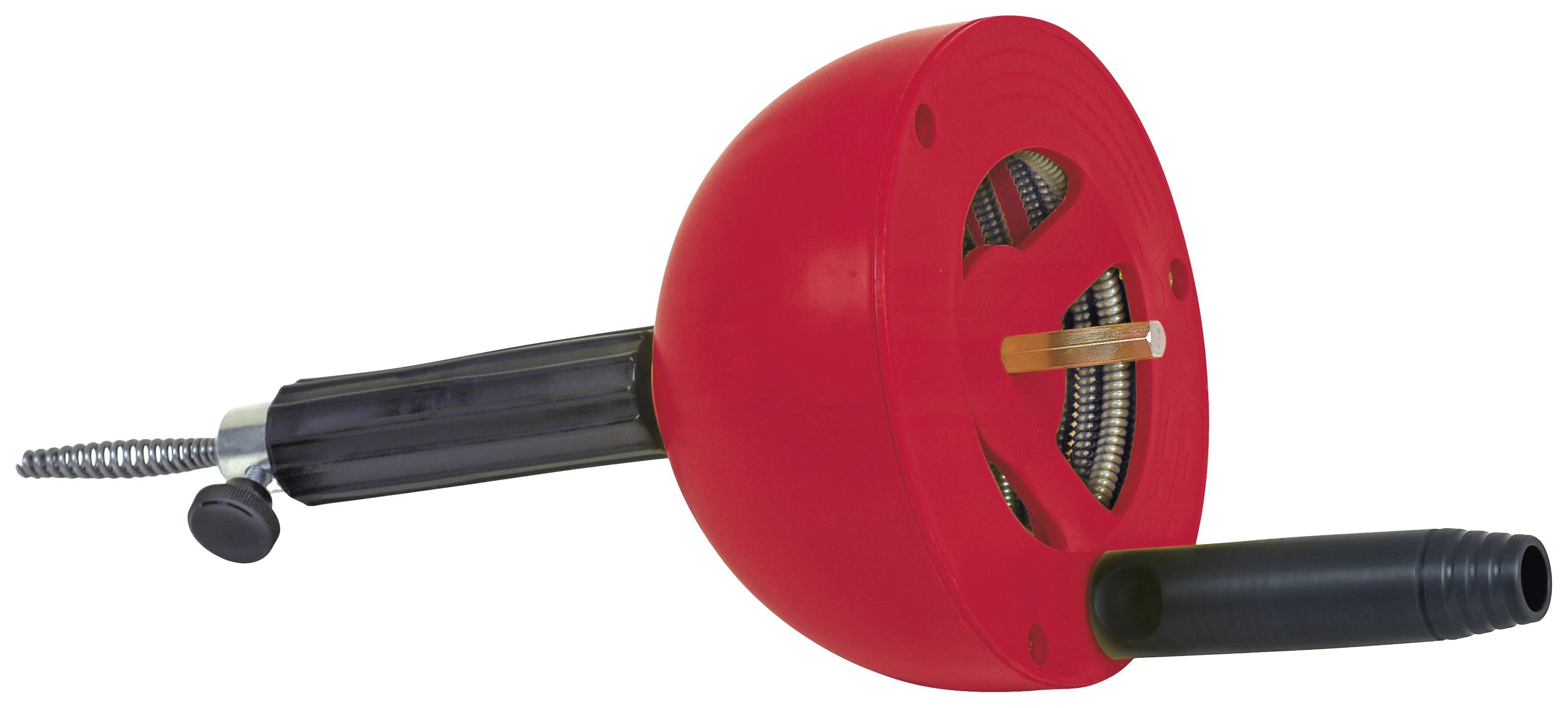 Red drain rodding hand crank with spiral and handle.
