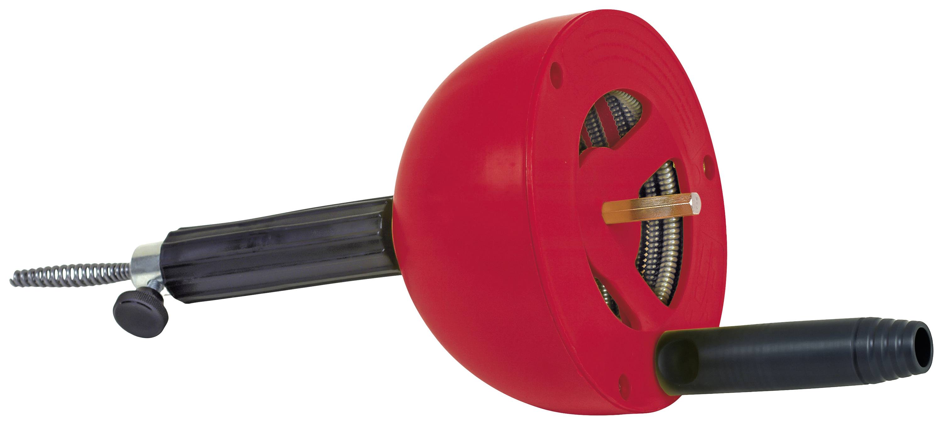 A red drain unblocker tool with a handle and a long, spiral-shaped metal tip, used for clearing drainage pipes.
