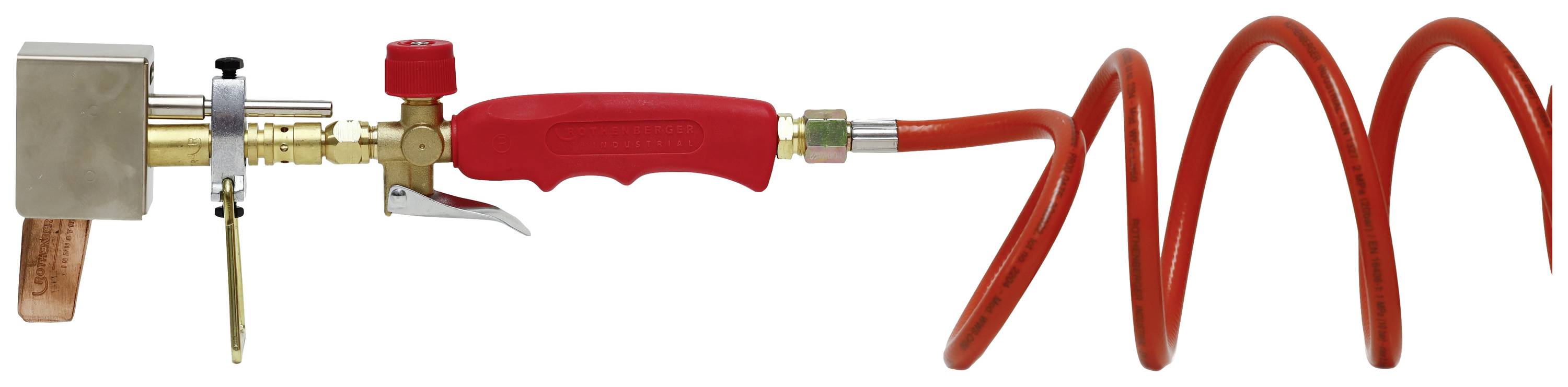 A hand tool with a red handle and spiral hose, used for gas work, with valves and connections for regulation.