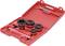 Red toolbox with various round thread cutters and handles, opened and displayed, for metalworking.