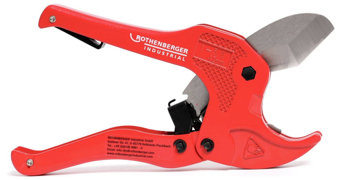 Red Rothenberger Industrial pipe cutter with curved metal blade and black latch on a white background.