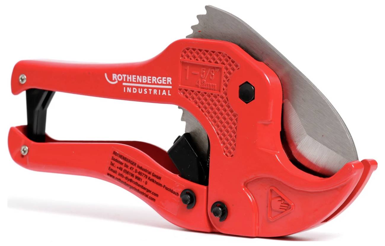 Red plastic pipe cutter with a large curved metal blade, branded 'Rothenberger Industrial', shown on a white background.