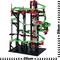 Construction set with a black and red frame and green tracks, showing a marble run with various heights. Dimensions: 58 cm high, 35 cm wide.