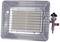 A rectangular, portable gas heater with a protective grid and built-in valve for controlling gas flow. Suitable for outdoor use.