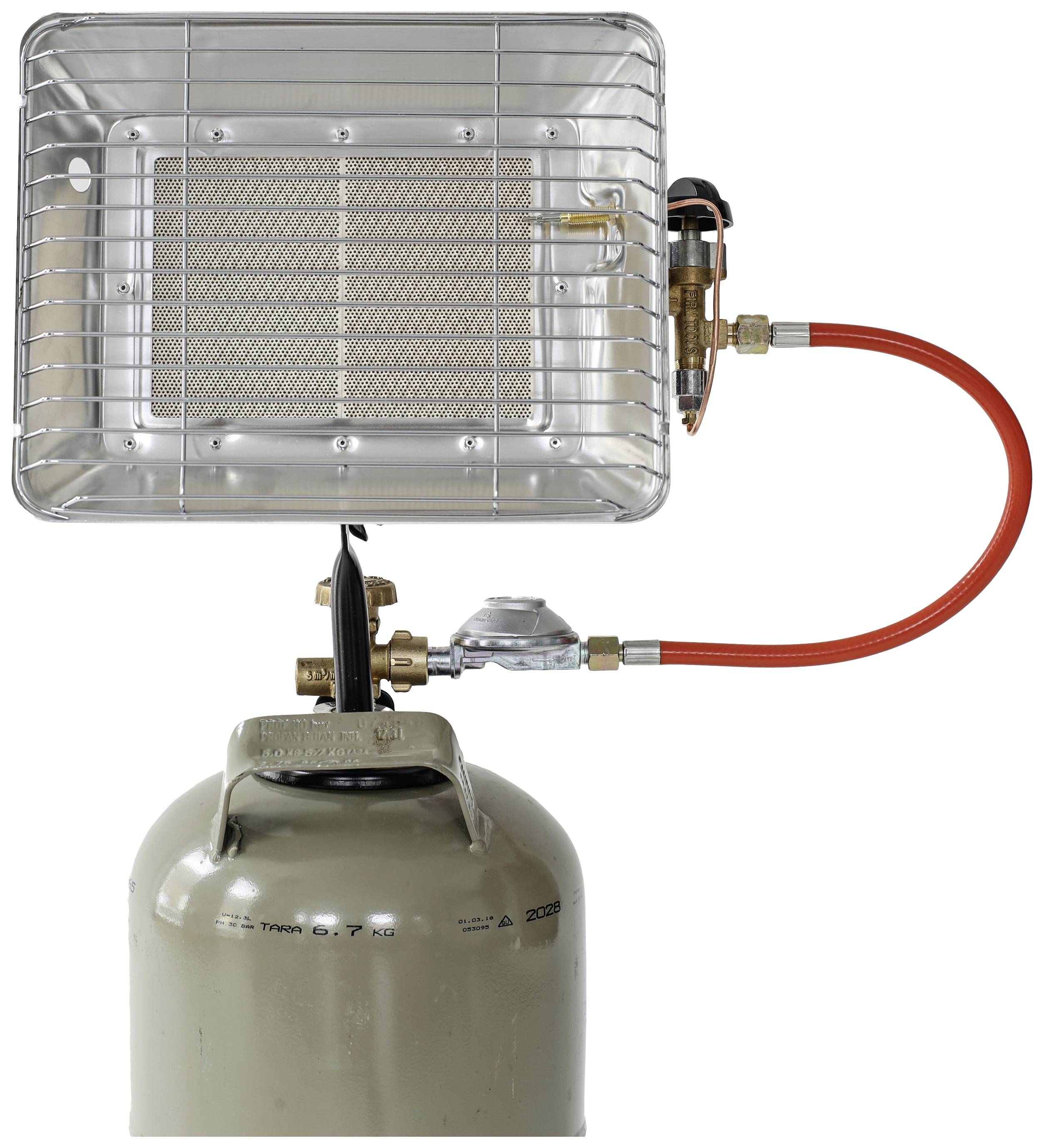 Gas heater with metal grill, attached to a propane gas cylinder, with red connecting hose and regulator.