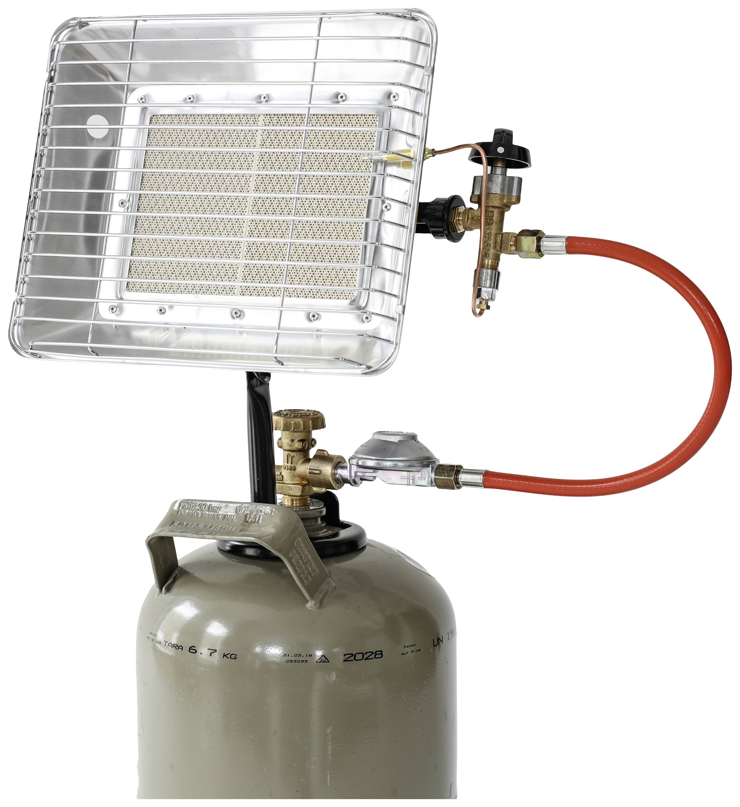 Portable gas heater with propane cylinder, red hose and safety valve. Suitable for outdoor heating.<br><br>(Note: This translation is already very close to British English, with only minor adjustments made to ensure natural phrasing.)