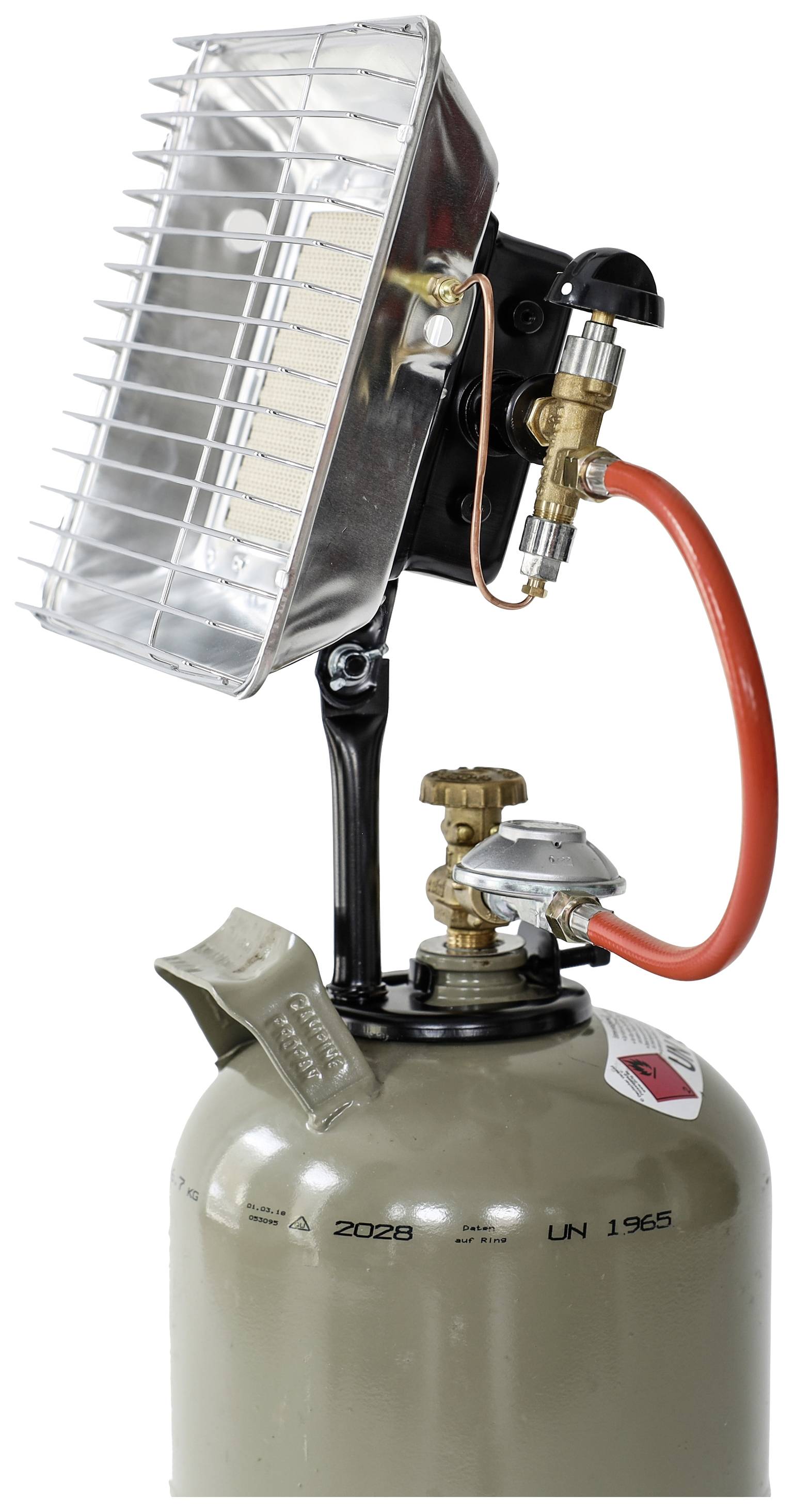 A portable gas heater with a metal grille and red hose, mounted on a cylindrical gas bottle.