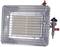 A gas heater with a metal grill and connections, suitable for heating indoor or outdoor areas, shows the front view.