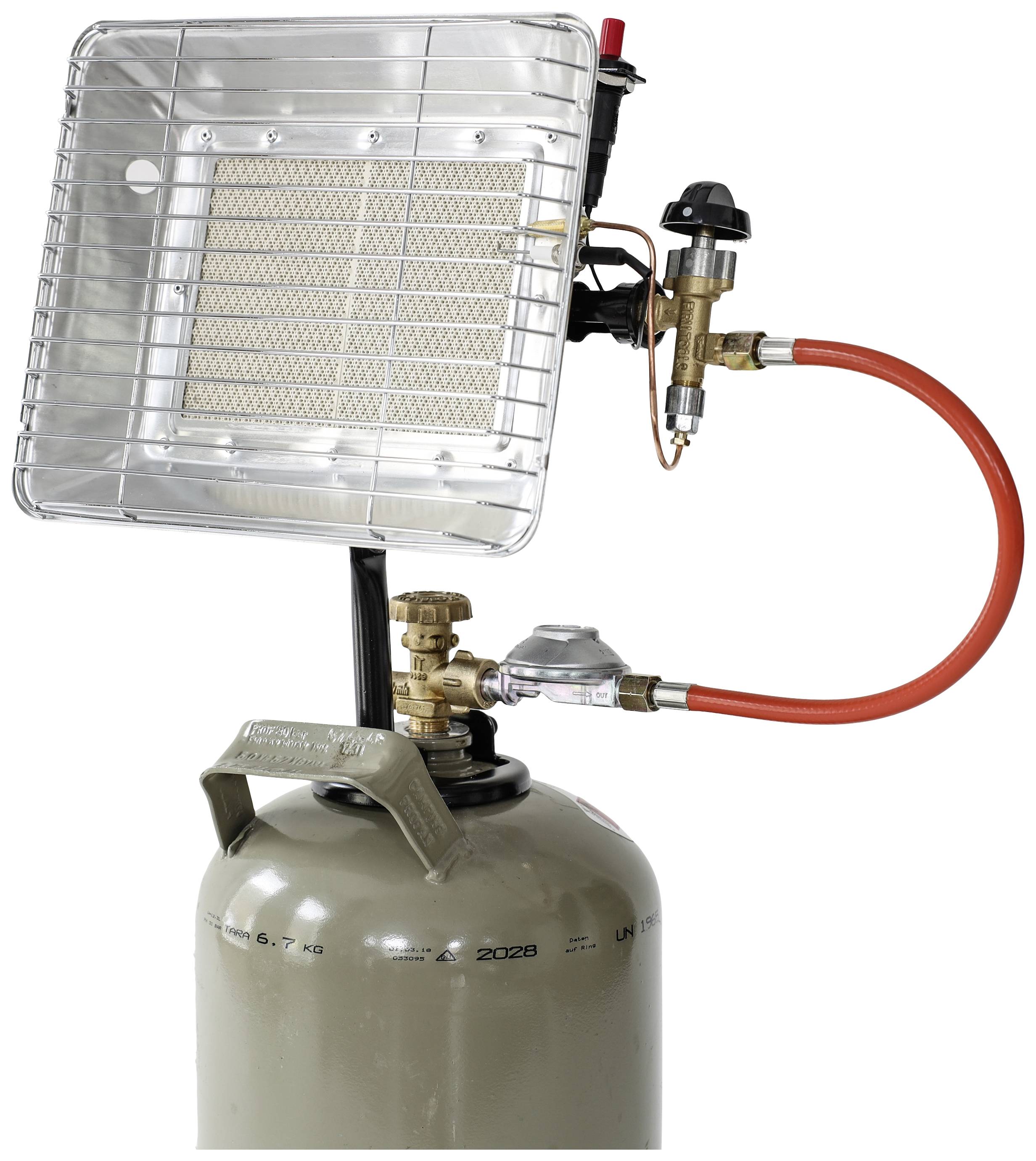 A gas heater mounted on a grey gas cylinder with an orange hose and metal regulator, for mobile outdoor heating.